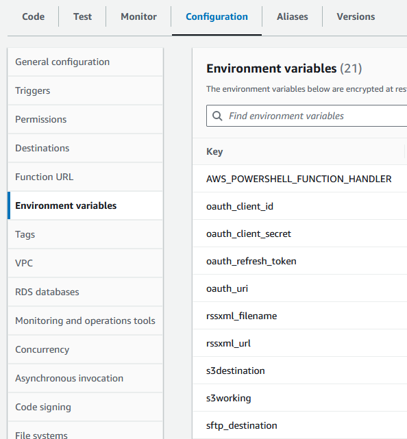 Screenshot of the AWS Lambda configuration panel showing the definition of environment variables.